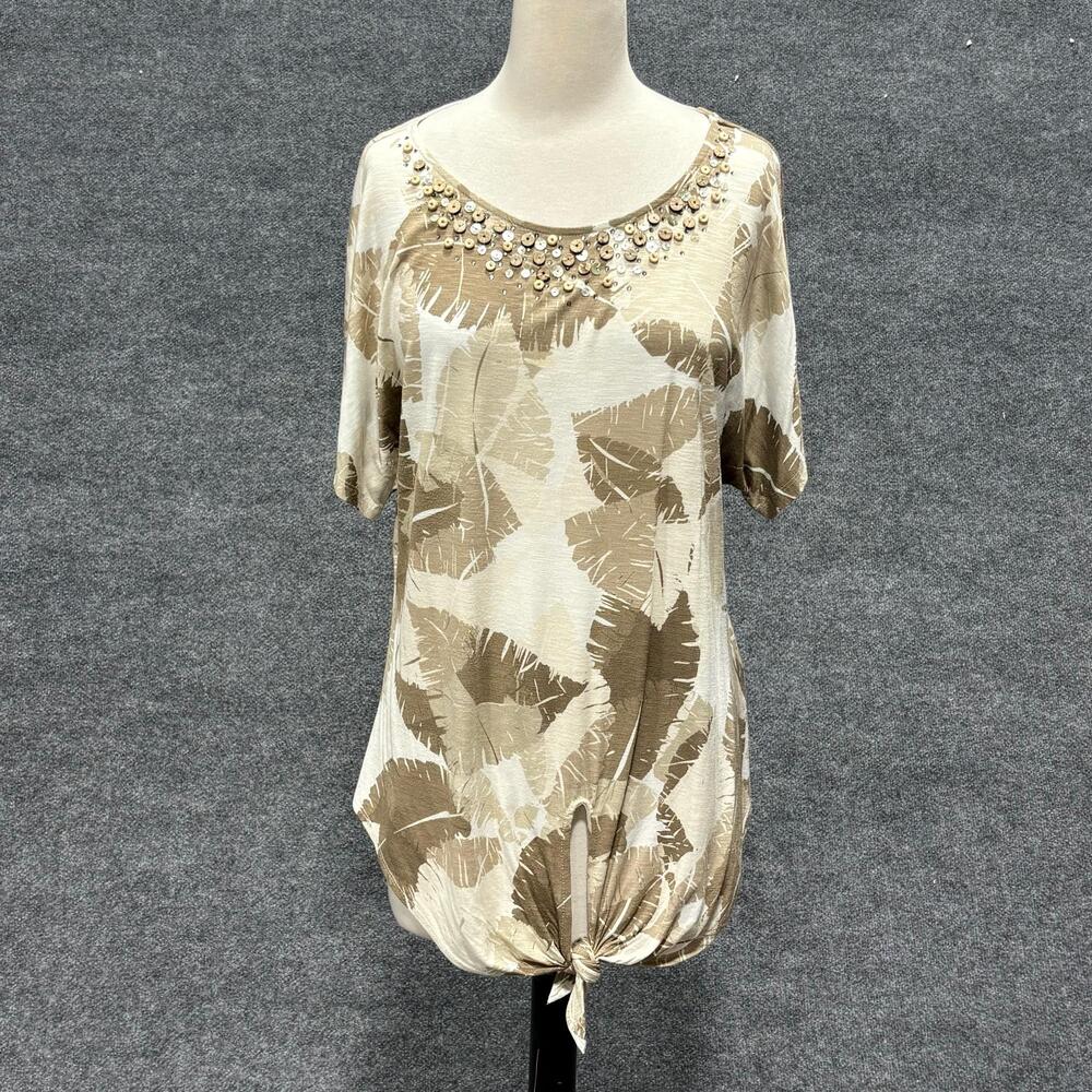 Ruby Rd Shirt Womens Large Beige Floral Beaded Scoop Neck Dolman Tunic Top